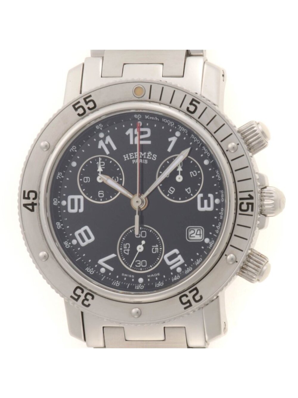 Hermes Clipper Diver Chrono Watch Stainless Steel Black Quartz